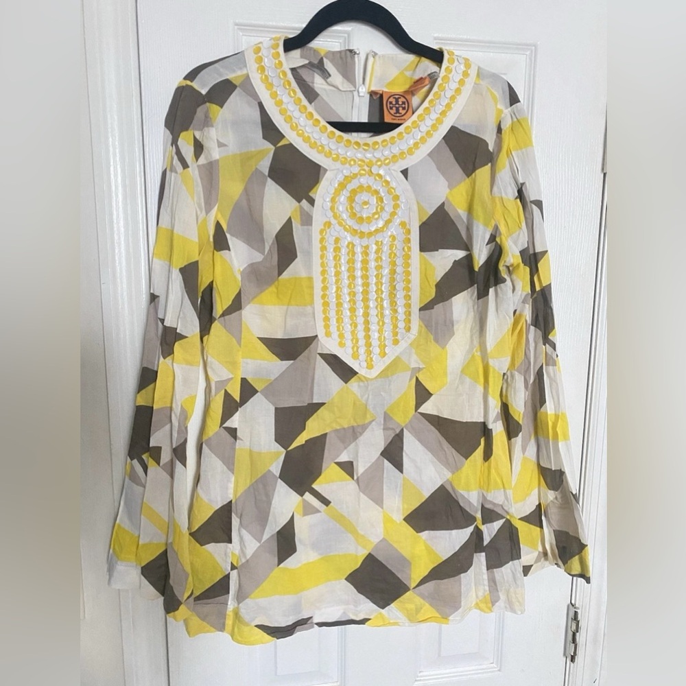 Tory Burch Vintage Geometric Print Long-Sleeve Tunic in Yellow Size 12
